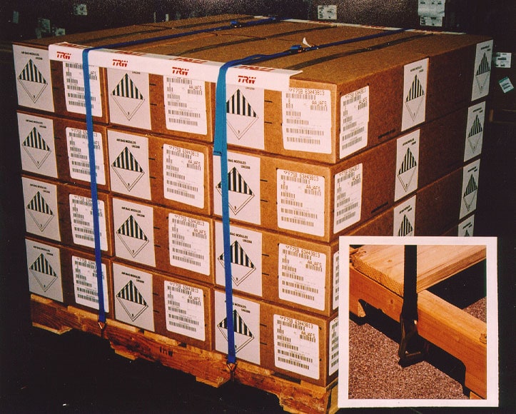 In-plant pallet load secured with KEVLOK Pallet Straps.