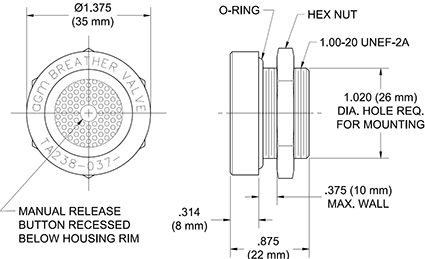 TA238 Two-Way Pressure & Vacuum Relief Breather Valve with Recessed Manual Release Push Button drawing