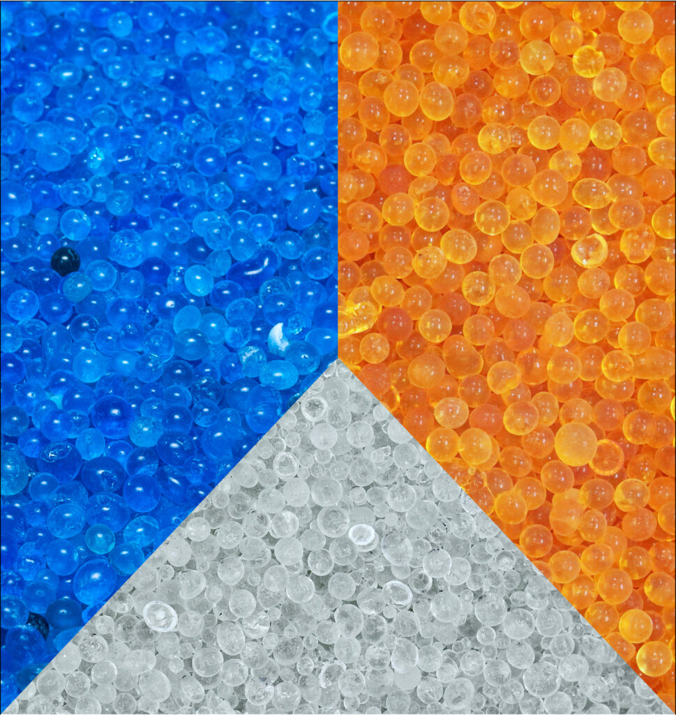 Blue, orange, and white silica gel desiccants.