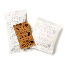 A close up of Tyvek and kraft paper packaged, molecular sieve desiccant.